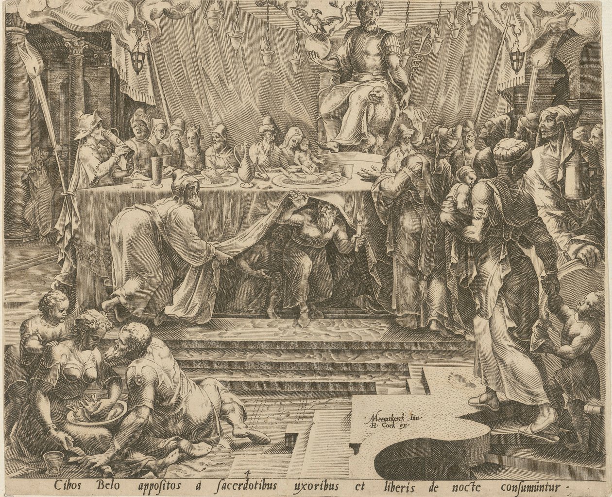 Priest of Bel Eating and Drinking in the Temple [Sheet 4] and Daniel Feeding the Dragon [Sheet 7], Sheets 4 and 7 from the Series "The Story of Daniel, Bel, and the Dragon" by Philips Galle