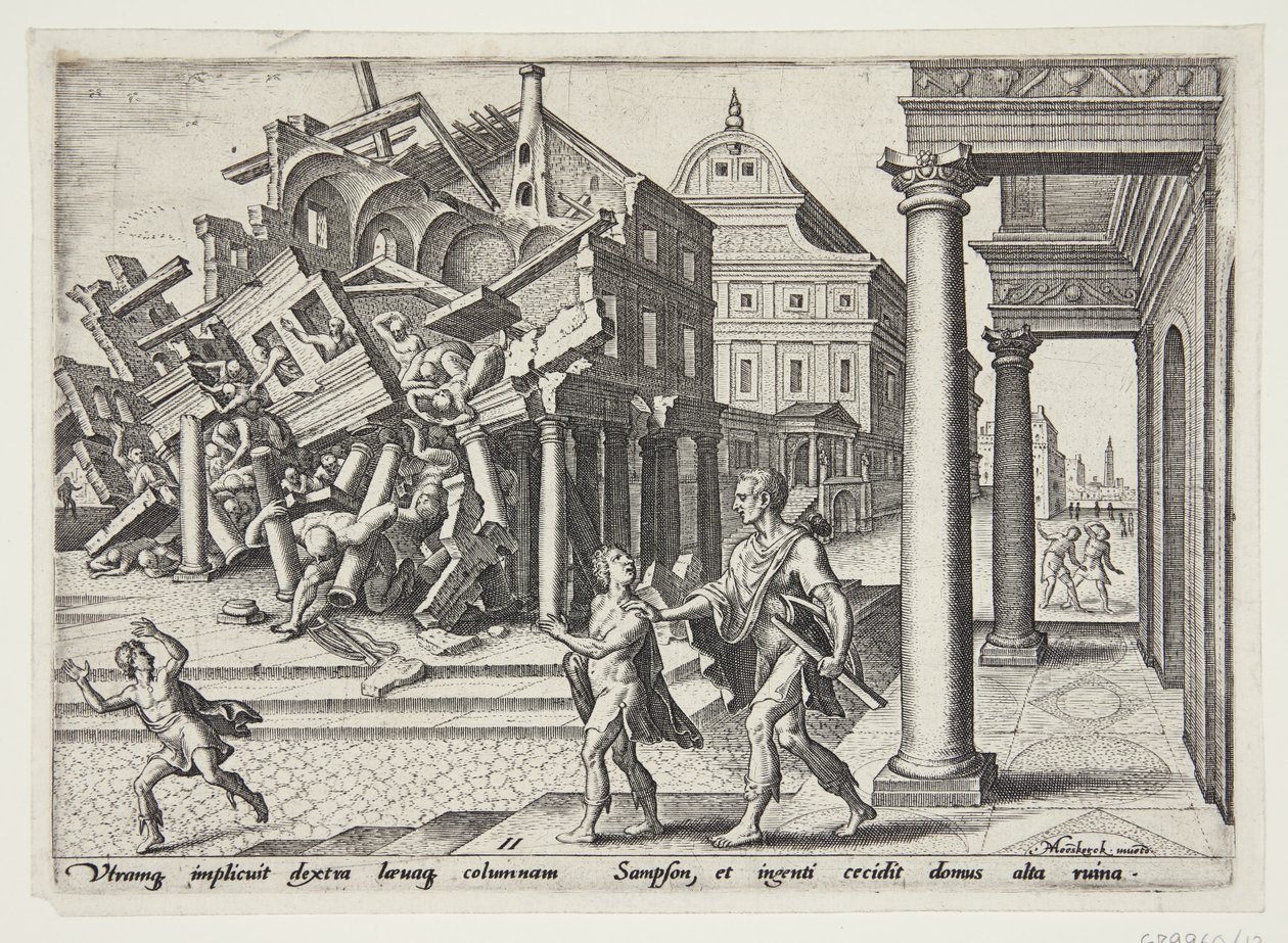 Samson Let Out of the Prison and Destroying the Temple of the Philistines by Philips Galle