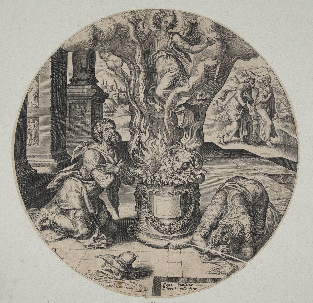 The Angel Ascending in the Flame on the Altar of Manoah and His Wife by Philips Galle