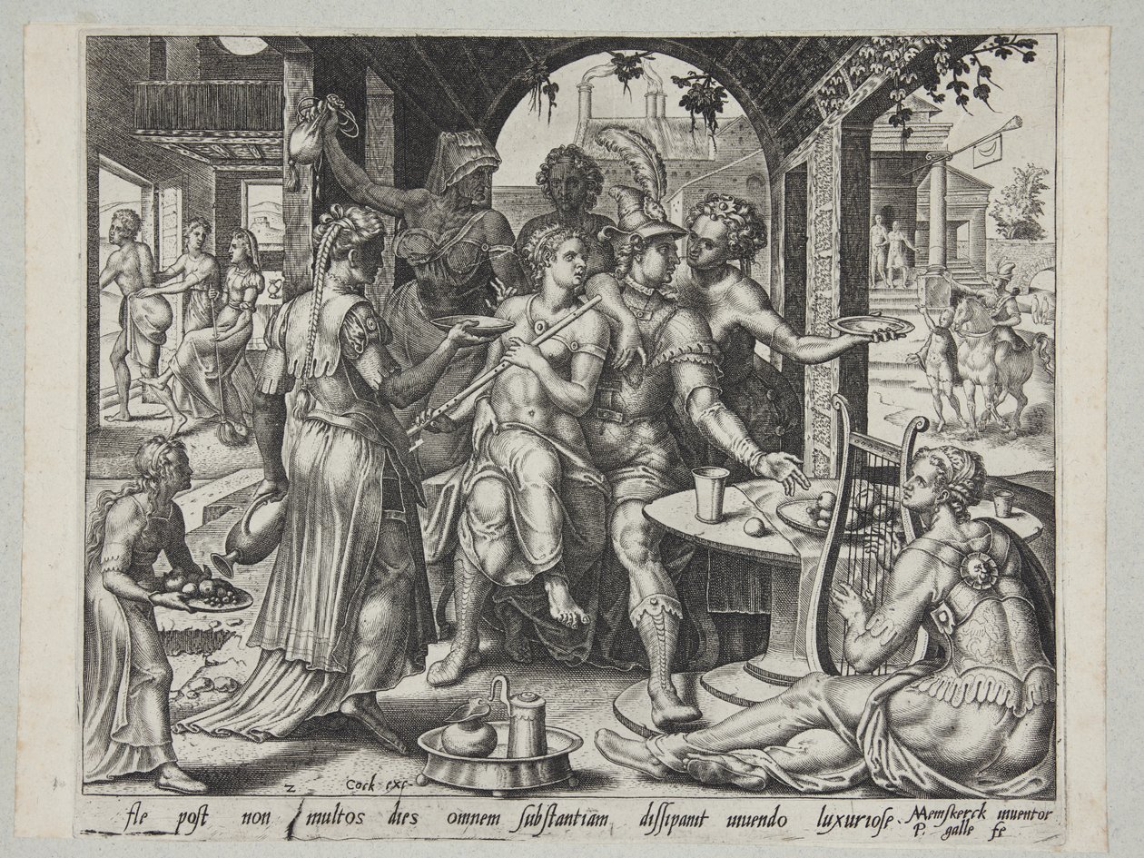 The Prodigal Son Squandering His Inheritance on Harlots by Philips Galle