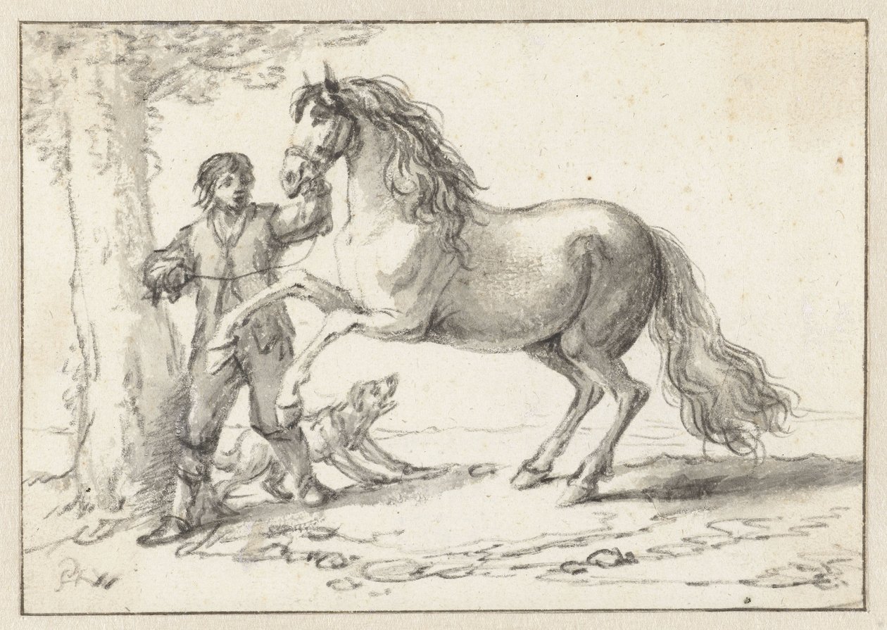Young Man Holding a Rearing Horse by its Bridle, Frightened by a Barking Dog by Philips Wouwerman