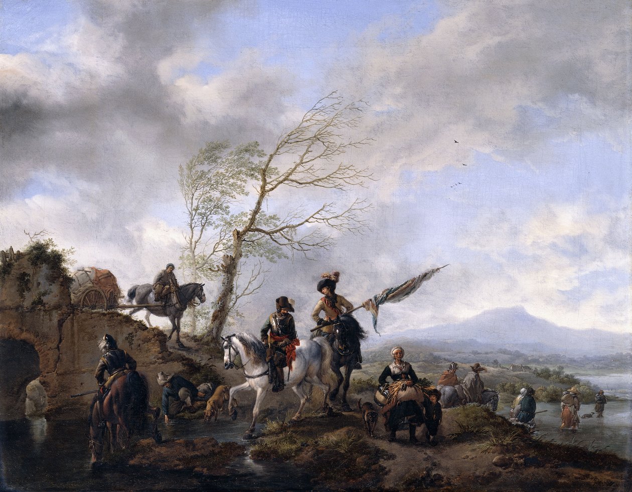 An Extensive River Landscape with Soldiers and a Standard Bearer Watering their Horses by Philips Wouwerman