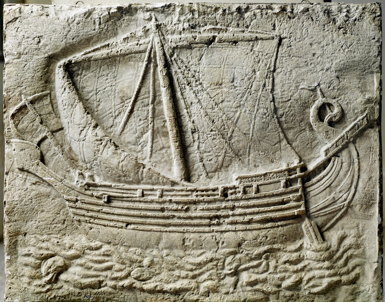 Phoenician art: bas relief of sarcophagus representing a merchant ship ...