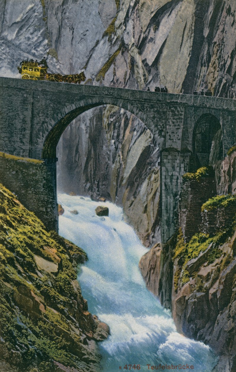 Carriage Crossing the Teufelsbrucke over the Schollenen Gorge in Switzerland by Photographer Swiss