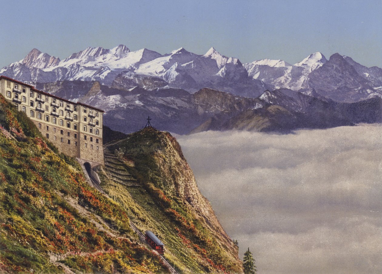 Stanserhorn 1900m Railway and Hotel with Bernese Alps by Photographer Swiss