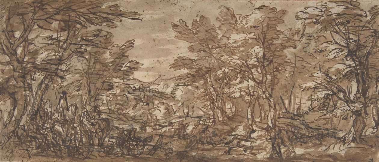 Forest Scene, a Halt at the Left, a Hunt at the Center by Pier Francesco Mola