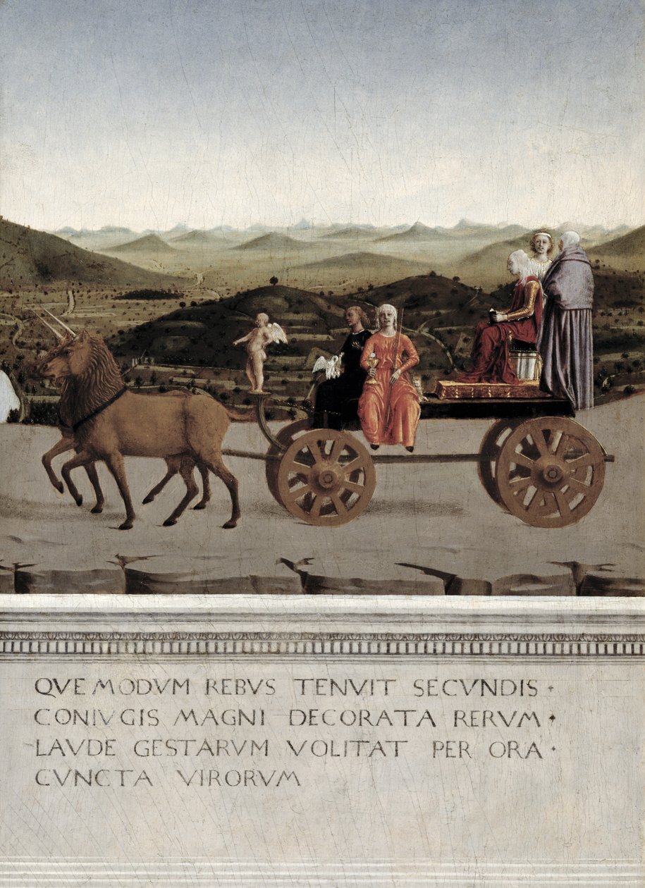 Triumph of Battista Sforza, Duchess of Urbino. Battista and her handmaiden, two Theological Virtues and a nun are drawn in a triumphal car by two brown unicorns, after 1472 (detail) by Piero della Francesca