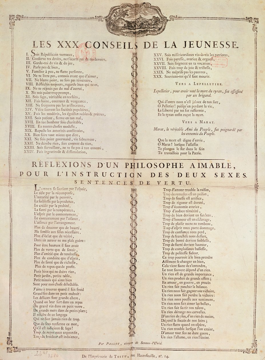 Thirty Pieces of Advice for the Young: Reflections of a Philosopher for the Instruction of Both Sexes, 1794 by Pierre Francois Palloy