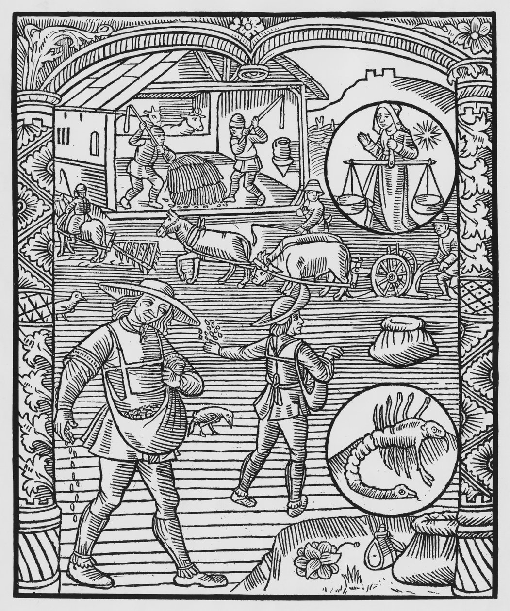October, Sowing, Ploughing and Threshing, Libra, Illustration from the 