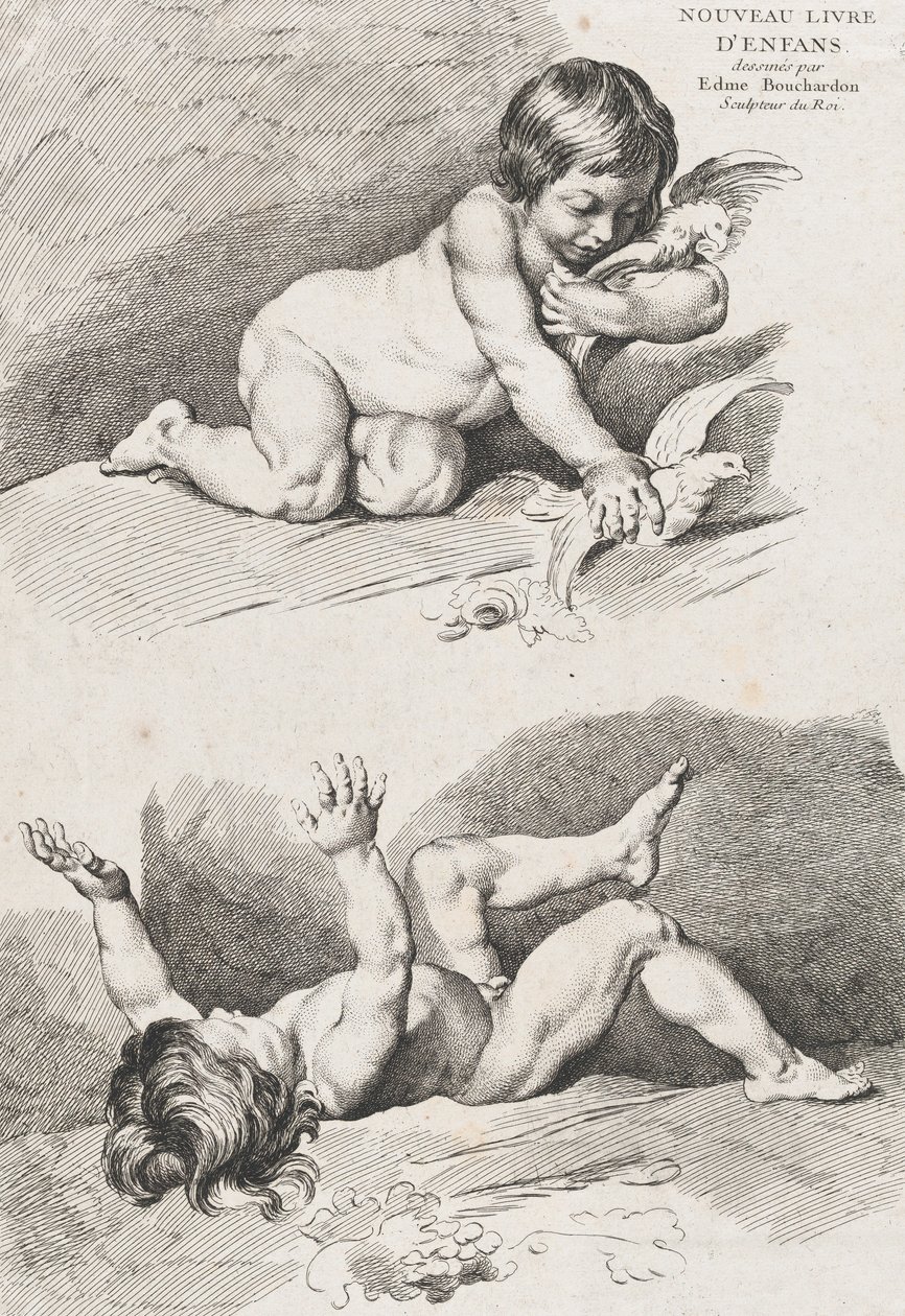 Two nude children playing with a leaf, from New Book of Children by Pierre Alexandre Aveline