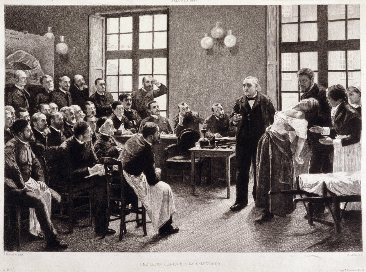 A clinical lecture by Dr. Charcot at the Salpetriere in 1887. Students from the department of Professor Jean Martin Charcot who explains the case of Blanche Wittman, his patient and guinea pig for her research on hysteria by Pierre Andre (after) Brouillet