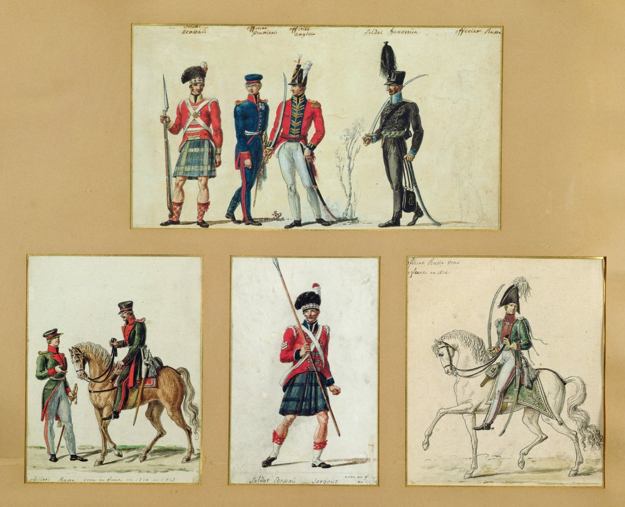 The uniforms of Scottish soldiers and Prussian, English, Hanoverian and Russian officers in 1814 by Pierre Antoine Lesueur