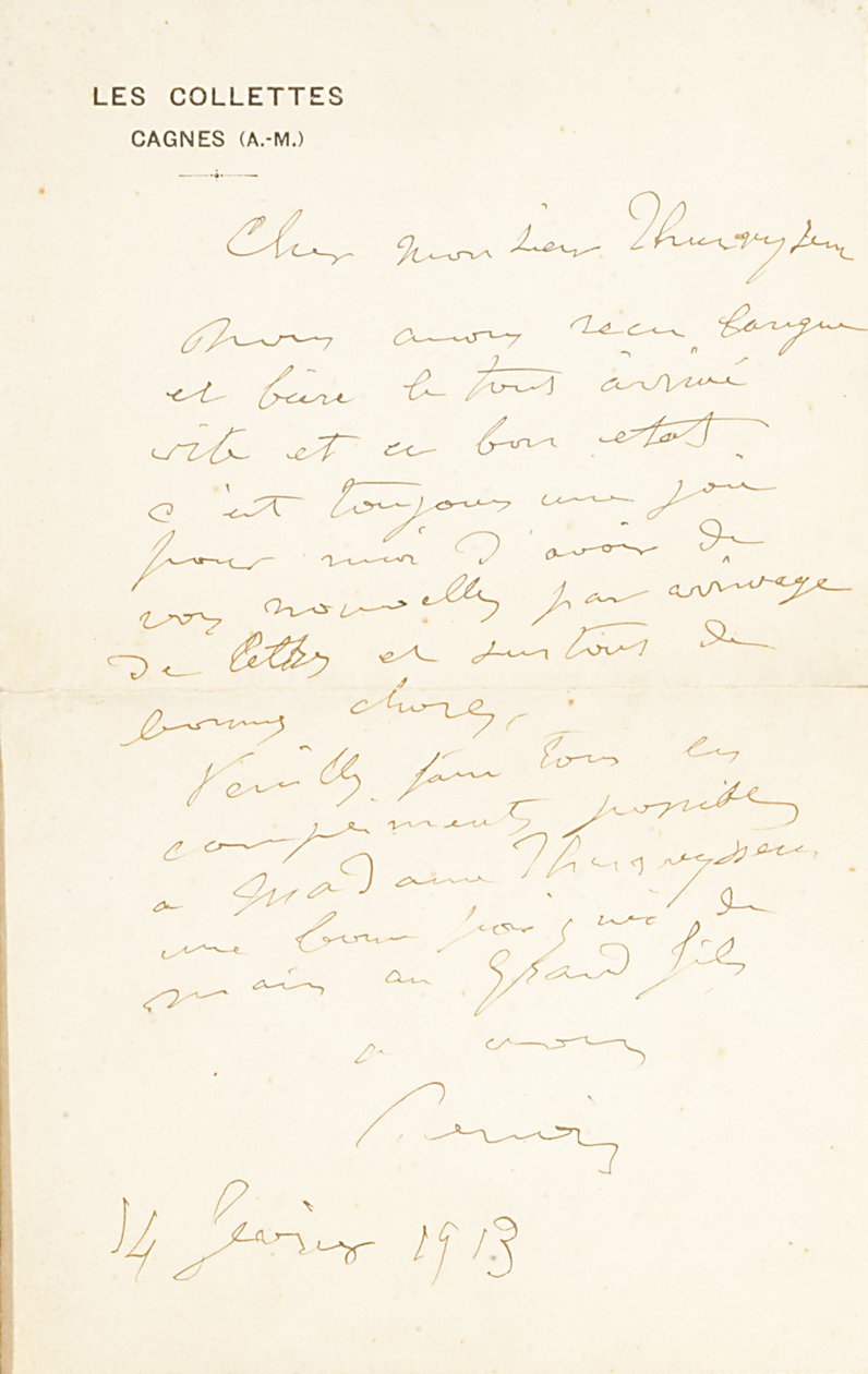 Autograph Letter Signed to Dr. Fritz Thurneyssen, Paris and Les Collettes, 24th June 1908 by Pierre Auguste Renoir