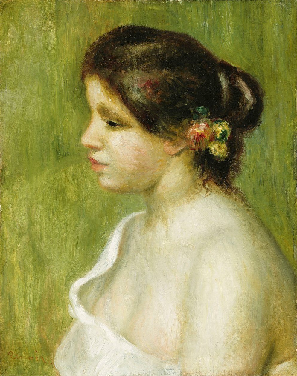 Bust of a Young Girl with Flowers Decorating her Ear by Pierre Auguste Renoir