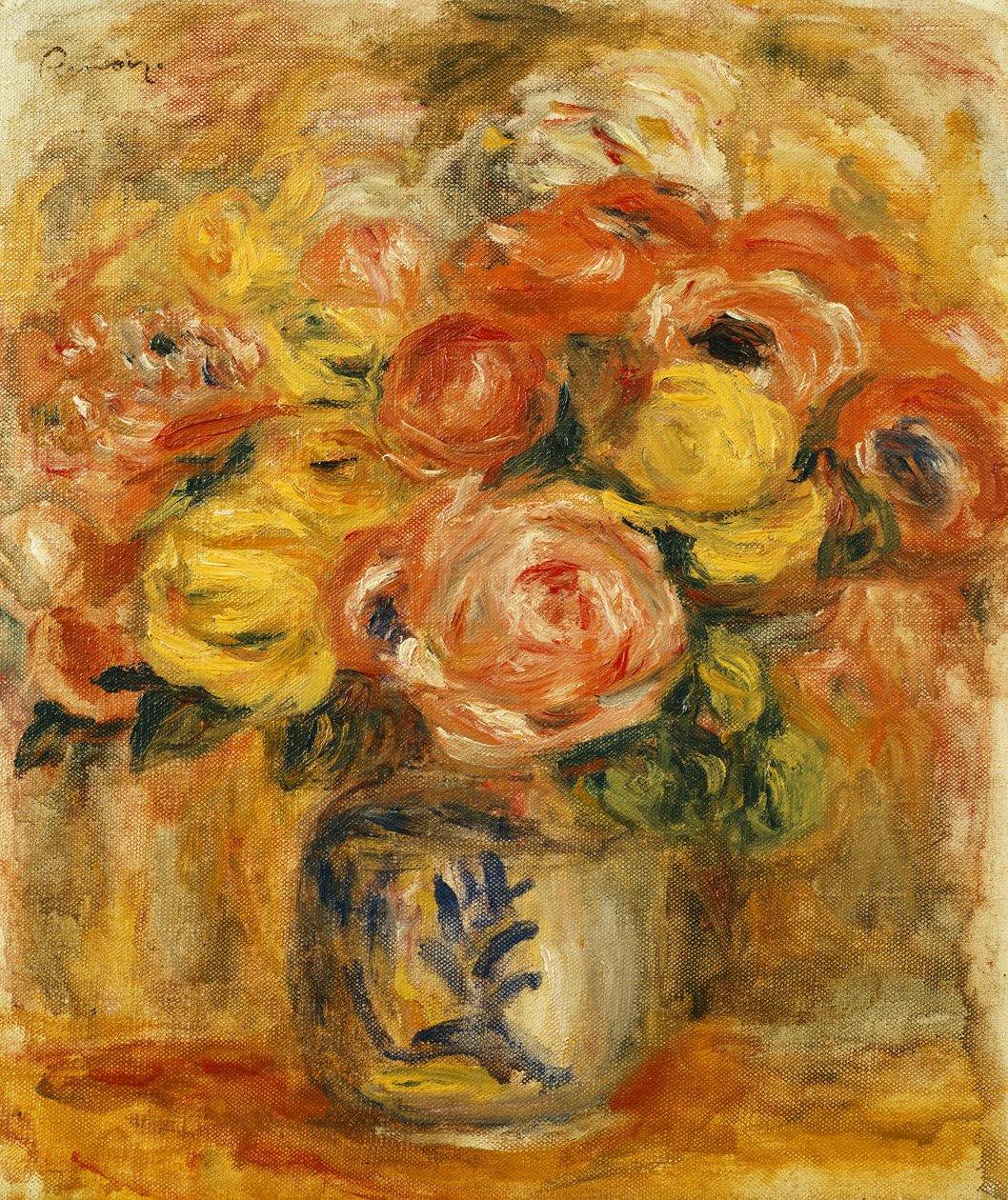 Flowers in a Blue and White Vase by Pierre Auguste Renoir