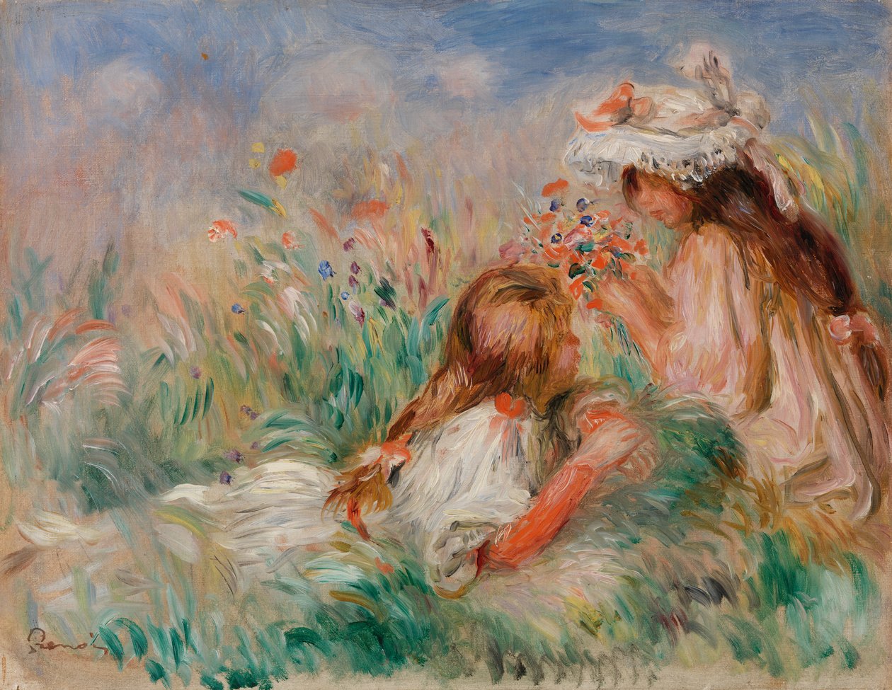 Girls in the Grass Arranging a Bouquet by Pierre Auguste Renoir