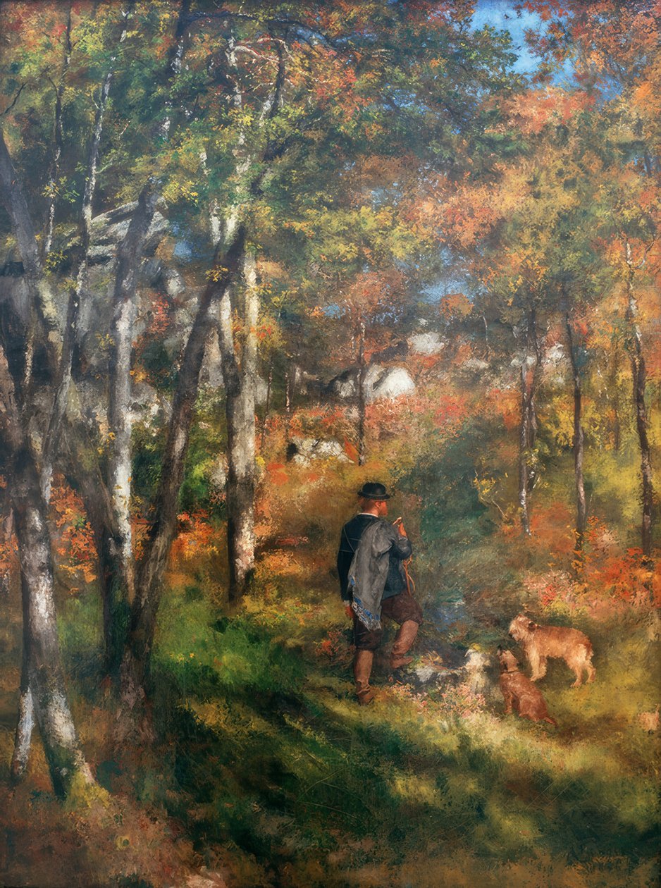 The Painter Jules Le Coeur and His Dogs in the Forest of Fontainebleau by Pierre Auguste Renoir