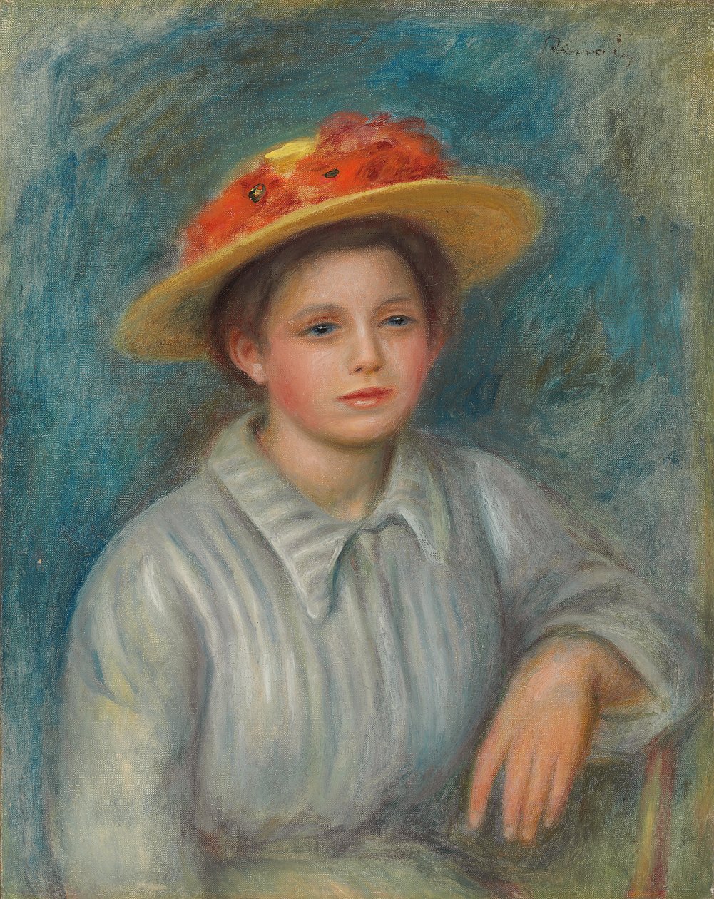 Portrait of a Woman with a Hat with Flowers by Pierre Auguste Renoir