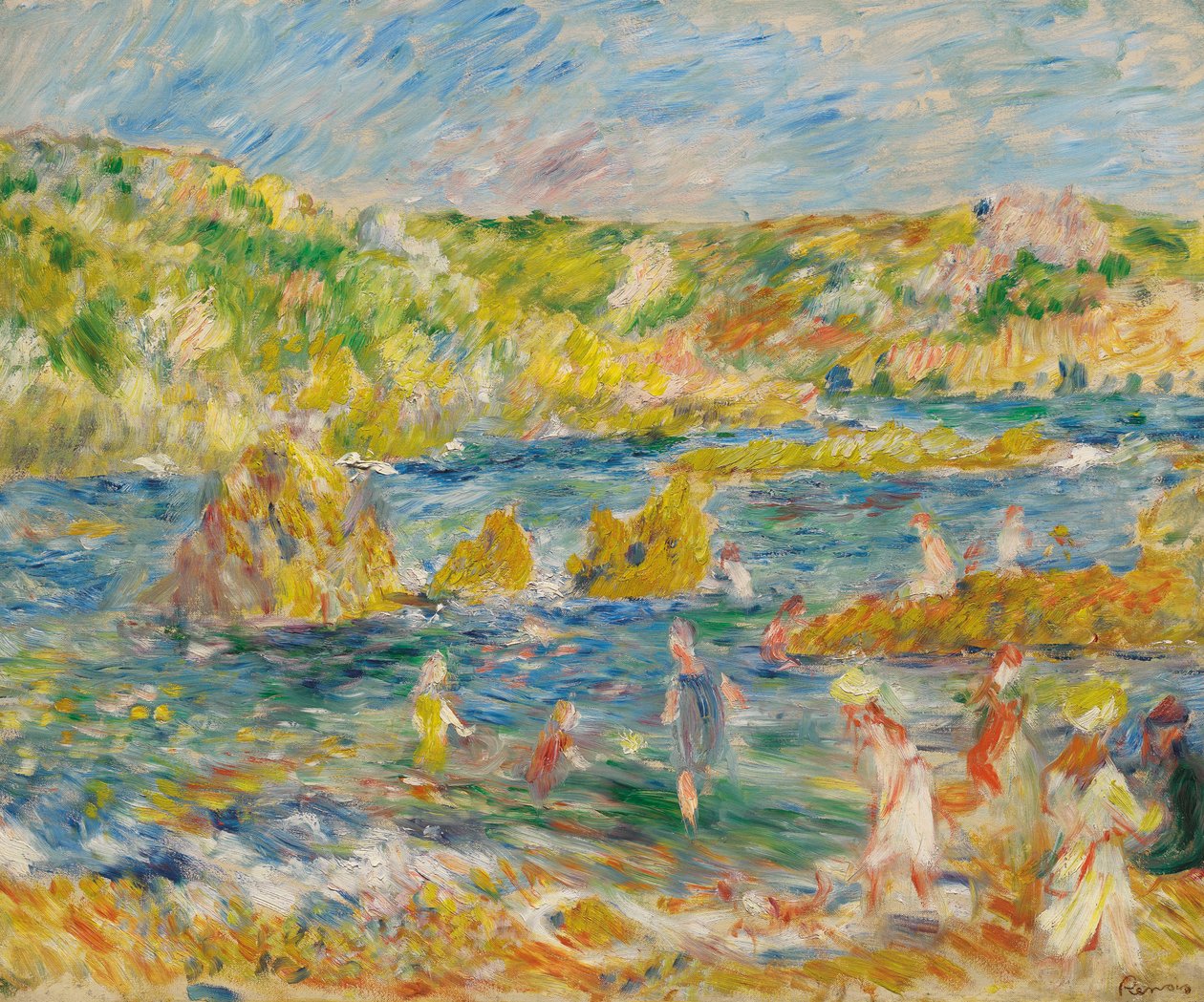 Rocks of Guernsey with Figures on the Beach at Guernsey by Pierre Auguste Renoir