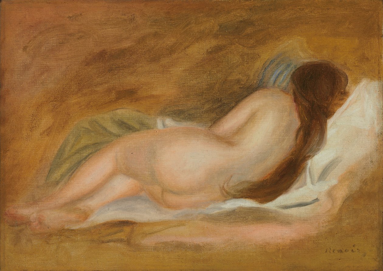 Sleeping Nude, Back View, Ochre Background by Pierre Auguste Renoir