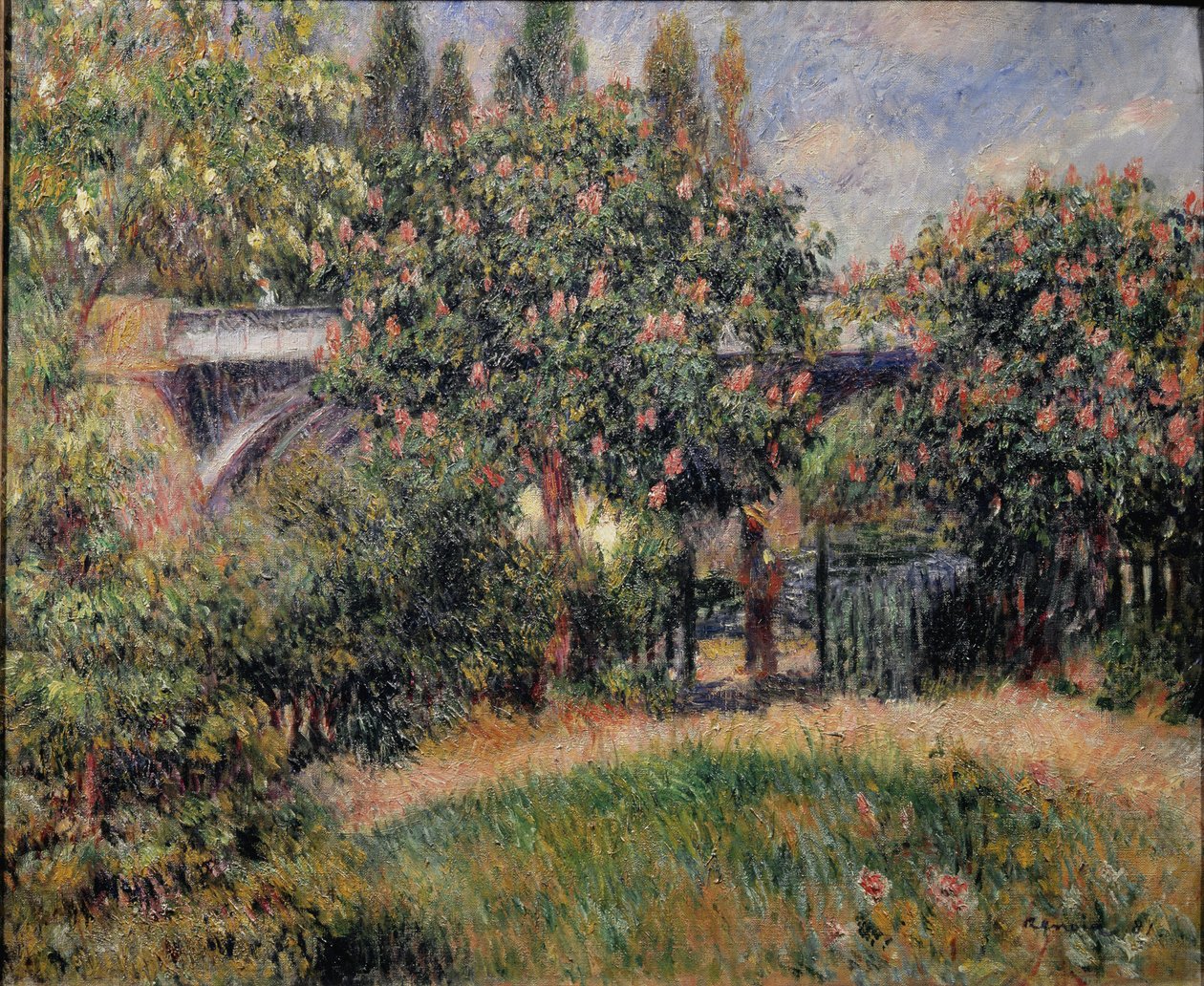 The railway bridge in Chatou or the pink chestnut trees by Pierre Auguste Renoir