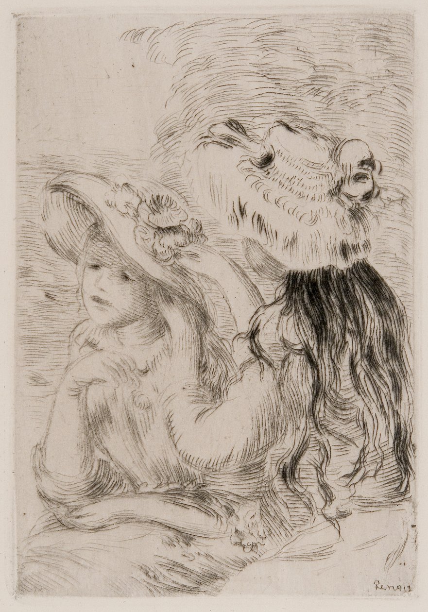 Two Young Girls Pinning Flowers on Their Hats, c.1894 by Pierre Auguste Renoir
