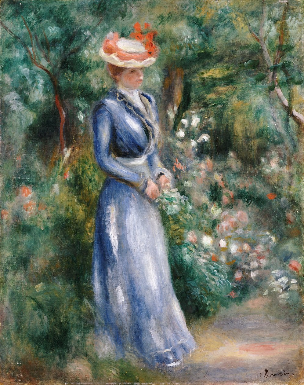 Woman in a Blue Dress Standing in the Garden at Saint-Cloud by Pierre Auguste Renoir