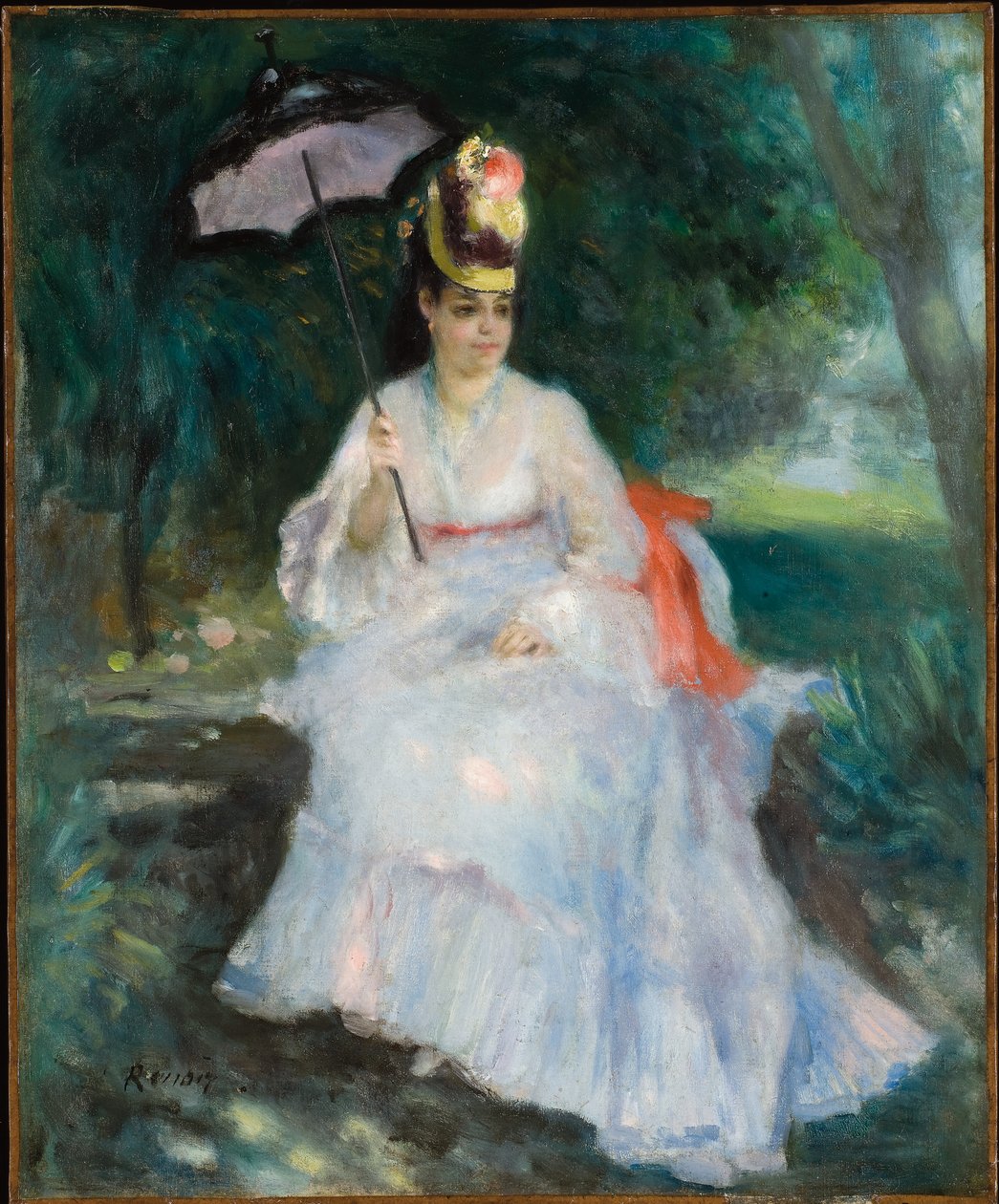 Woman with a parasol seated in the garden (Lise Trehot) by Pierre Auguste Renoir