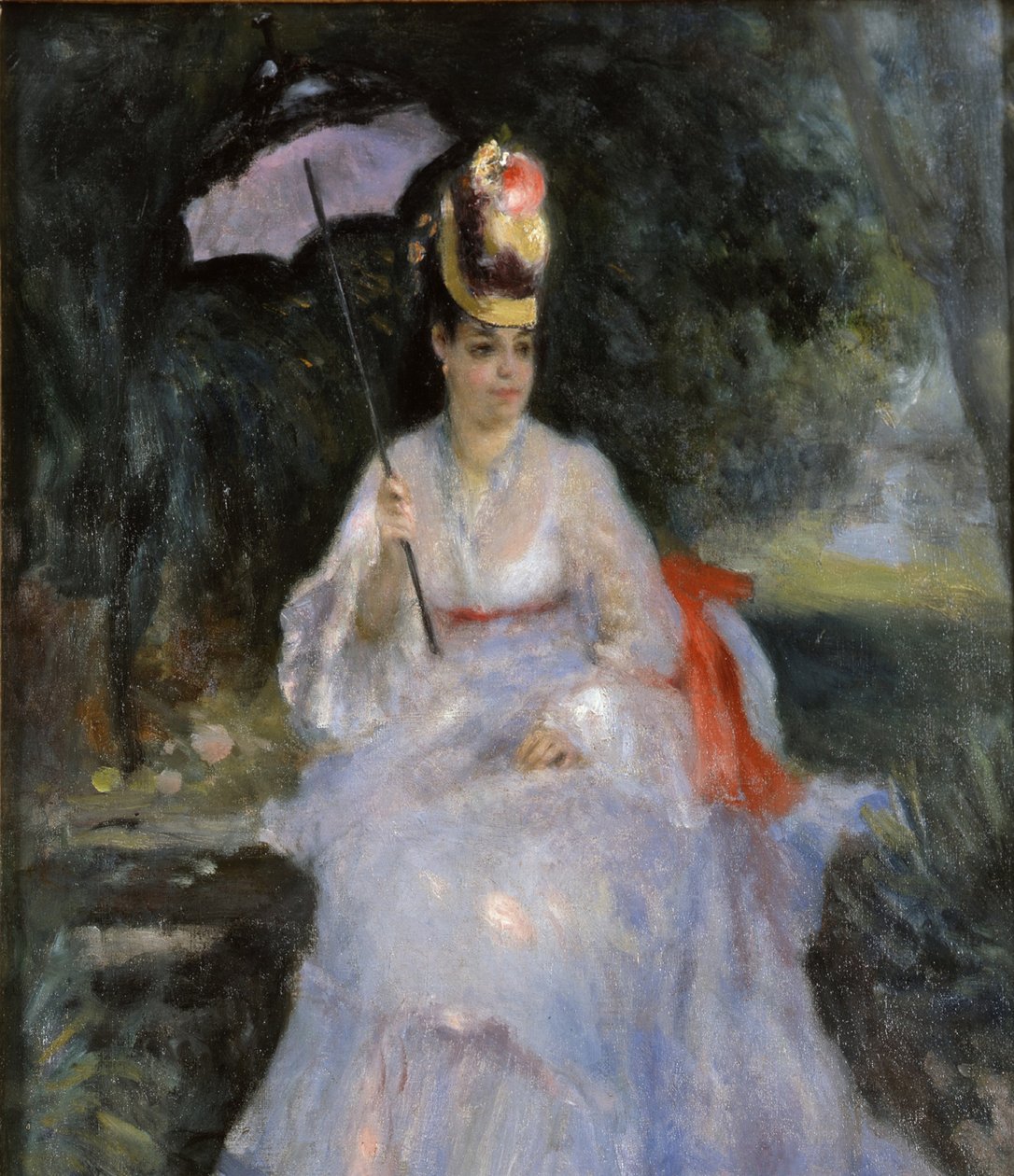 Woman with a parasol sitting in a garden by Pierre Auguste Renoir