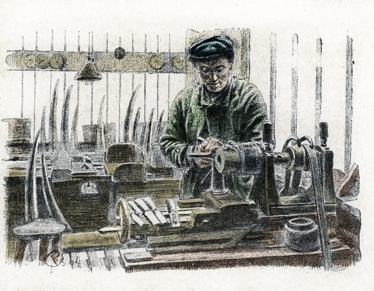 An Ivory worker carving elephant tusks at work in his workshop Engraving from 