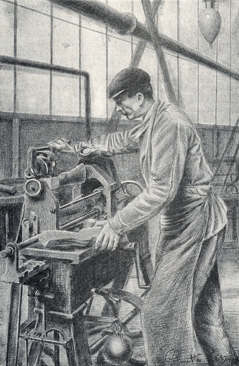 Cutting of rifle butts in a weapon factory Engraving from Pierre Calmette Private Collection by Pierre Calmettes