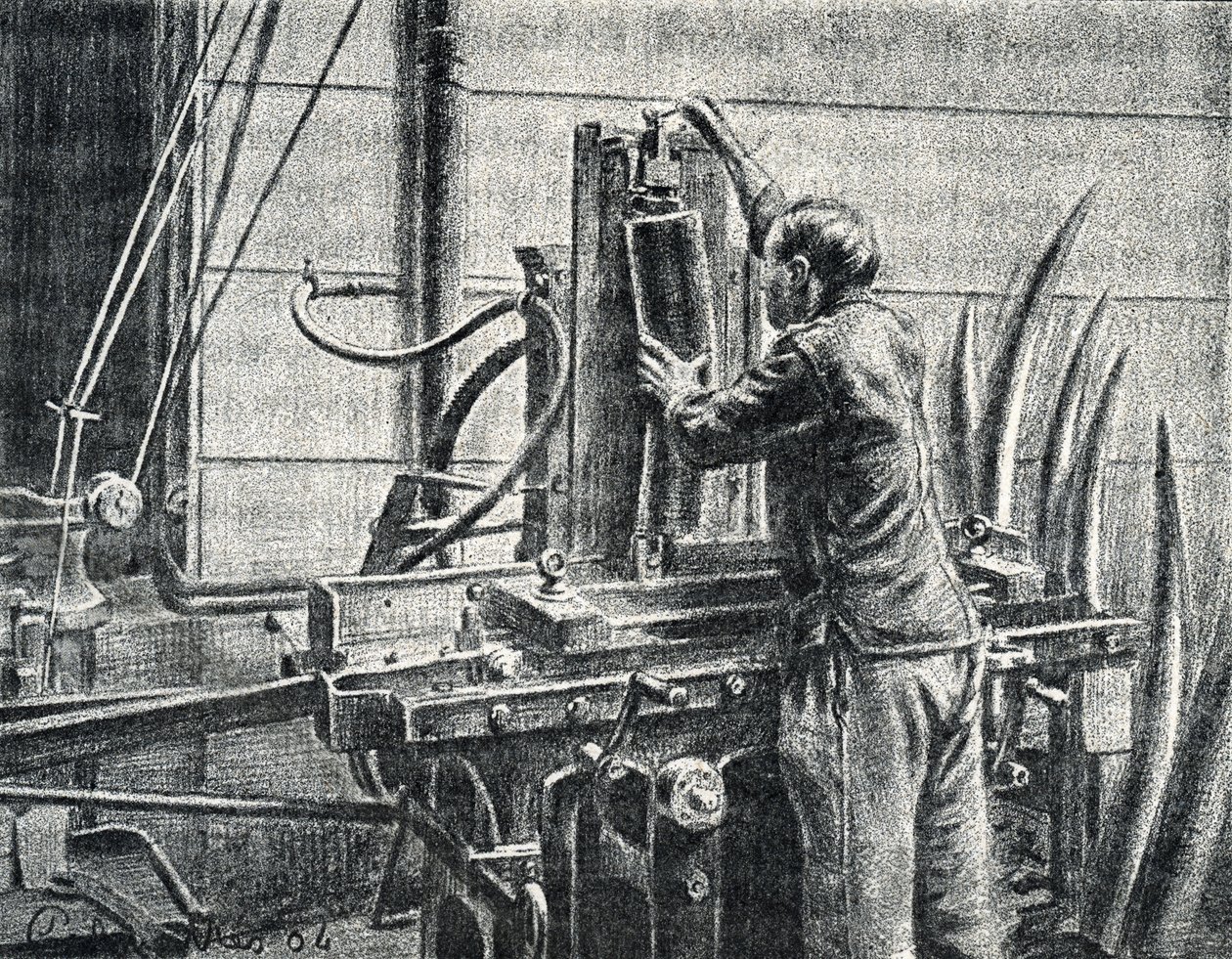 Ivory craftsman cutting elephant tusks Engraving from “Excursion a travers les metiers” by Pierre Calmette Private Collection by Pierre Calmettes