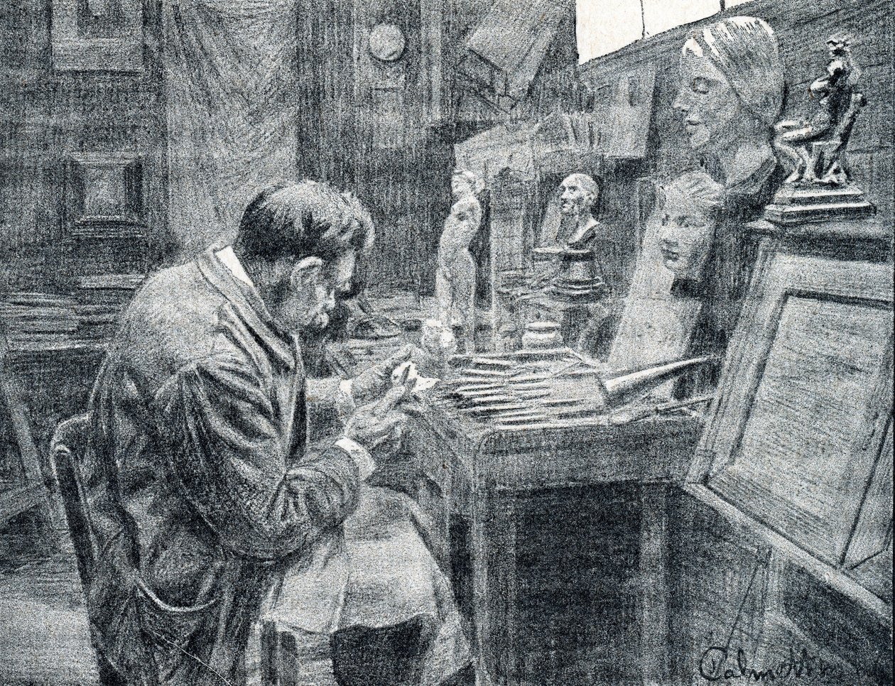 Ivory worker carving ivory with chisels, scrapers and gouges Engraving from 