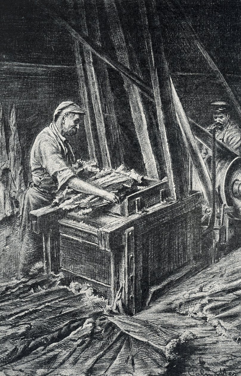 Leatherwork, the softening of the animal skins in a fuller. Engraving from Pierre Calmette Collection by Pierre Calmettes