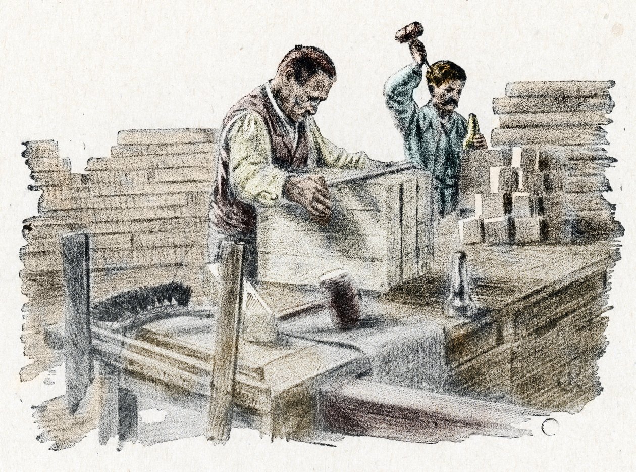 Savonnerie: the cutting of soap bars (manufacture of bars of soap) Engraving from 
