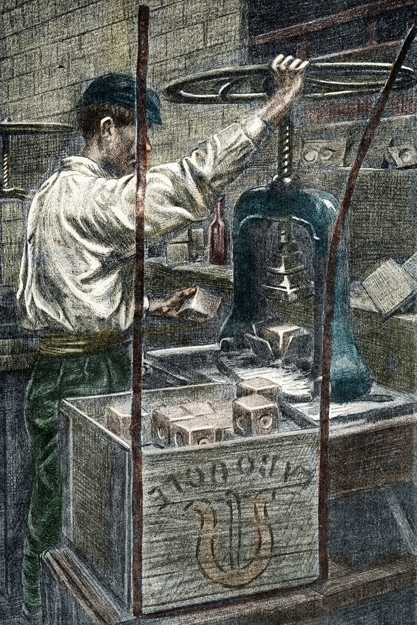Soap factory: stamping of the soap brand Engraving from 