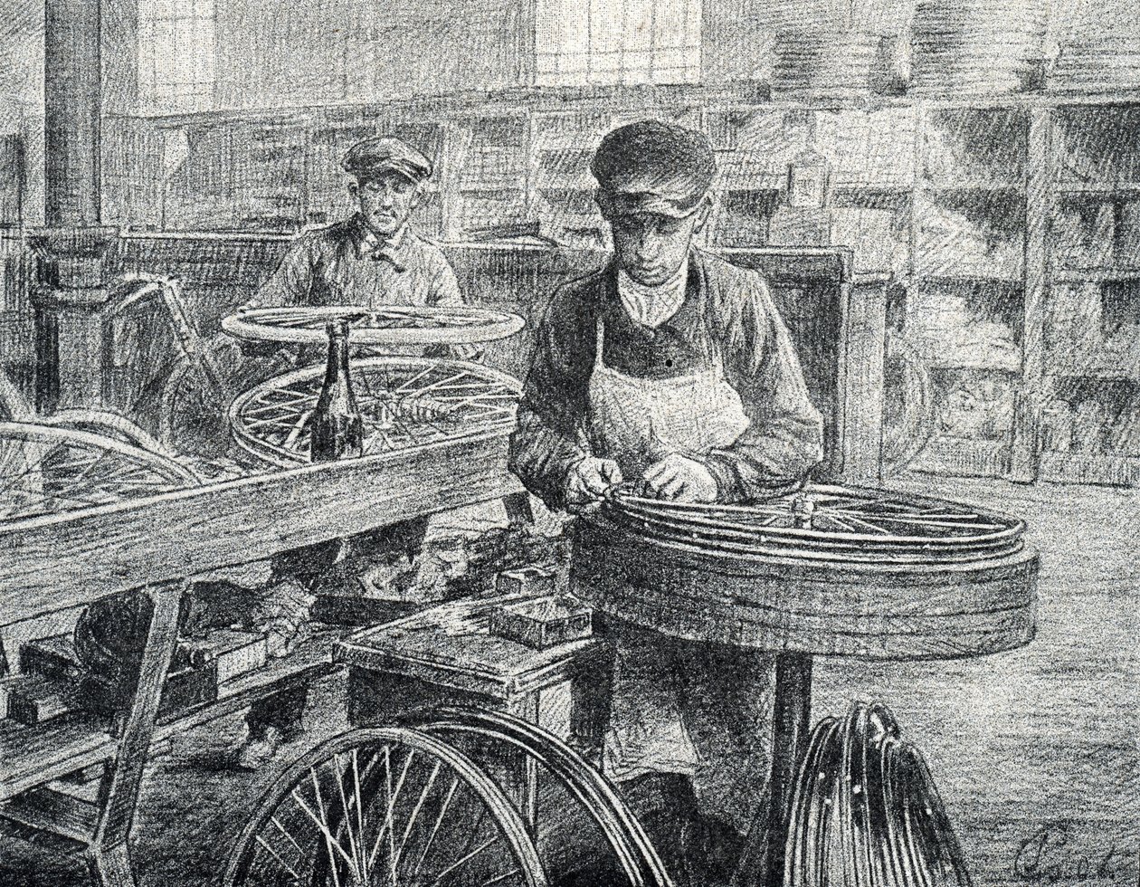Workers fastening the spokes to the rims of a bicycle during its manufacture. Engraving from Pierre Calmette by Pierre Calmettes