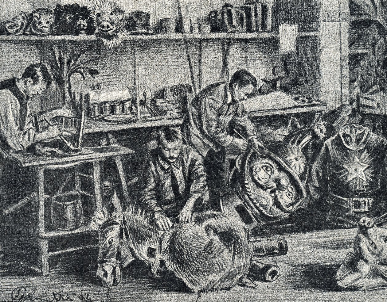 Workshop of theater and shows accessories production Engraving from Pierre Calmette Private Collection by Pierre Calmettes