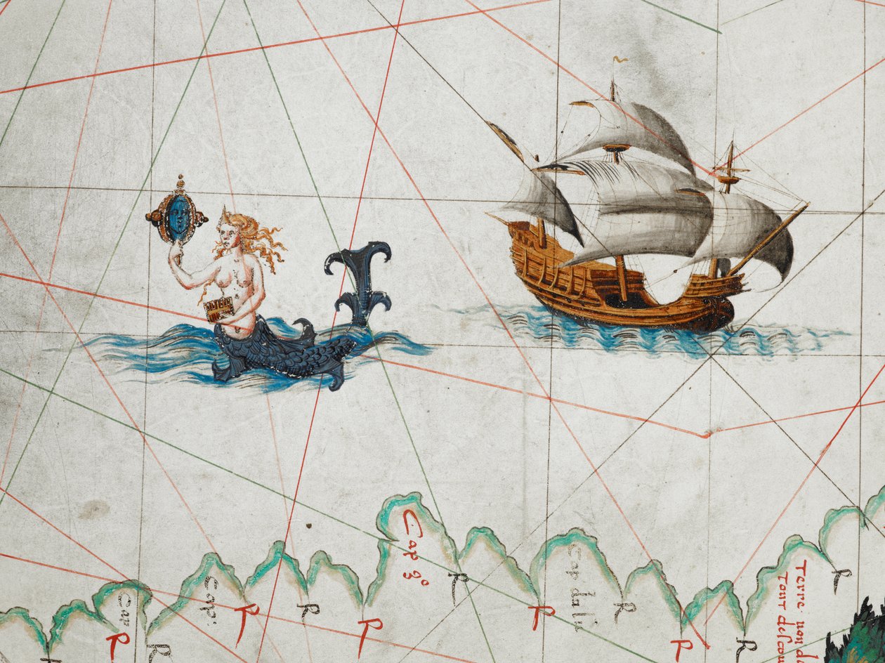 A detail of a siren admiring herself in a mirror and a ship to her east in the Southern Ocean, from a Map of the World, 
