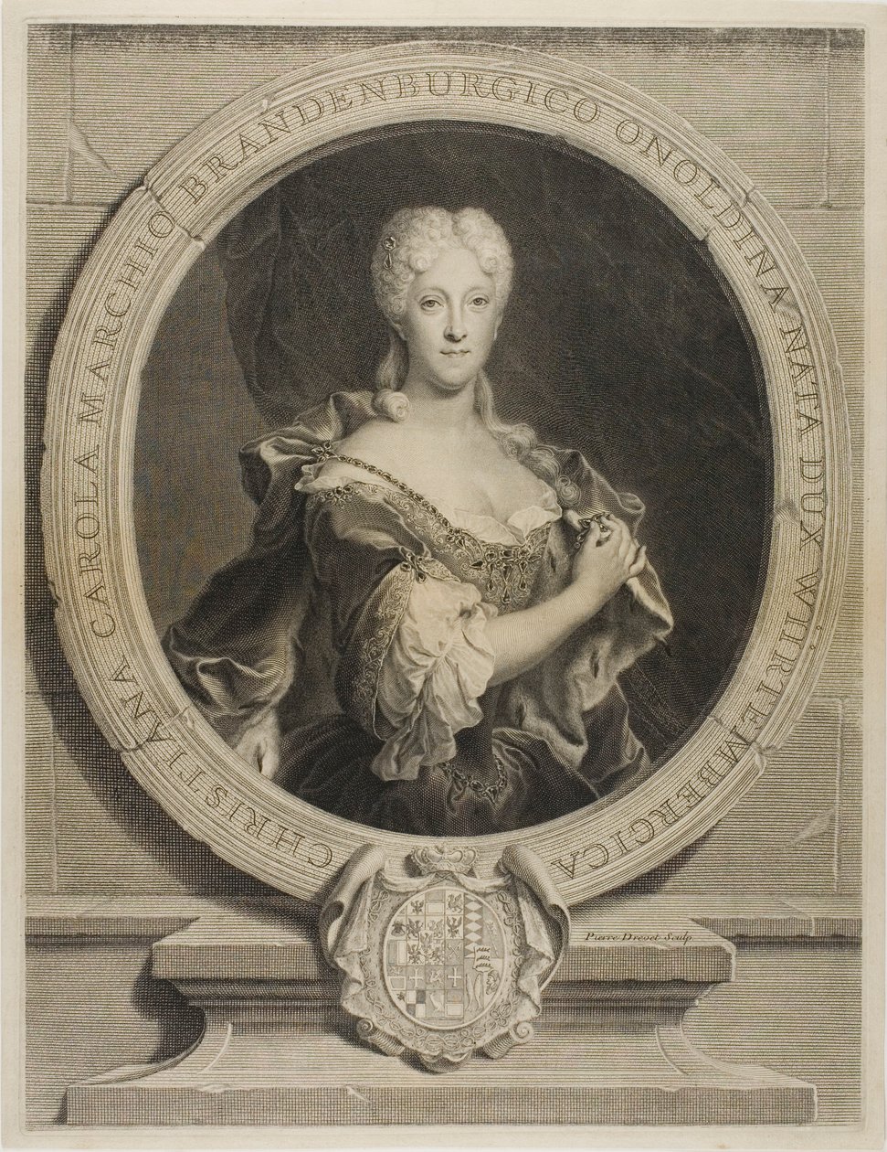 Portrait of Christine-Caroline, the Margrave of Brandenbourg-Onoltzbach, wife of Guillaume-Frédéric of Wurtemburg, 1694-1723 by Pierre Drevet