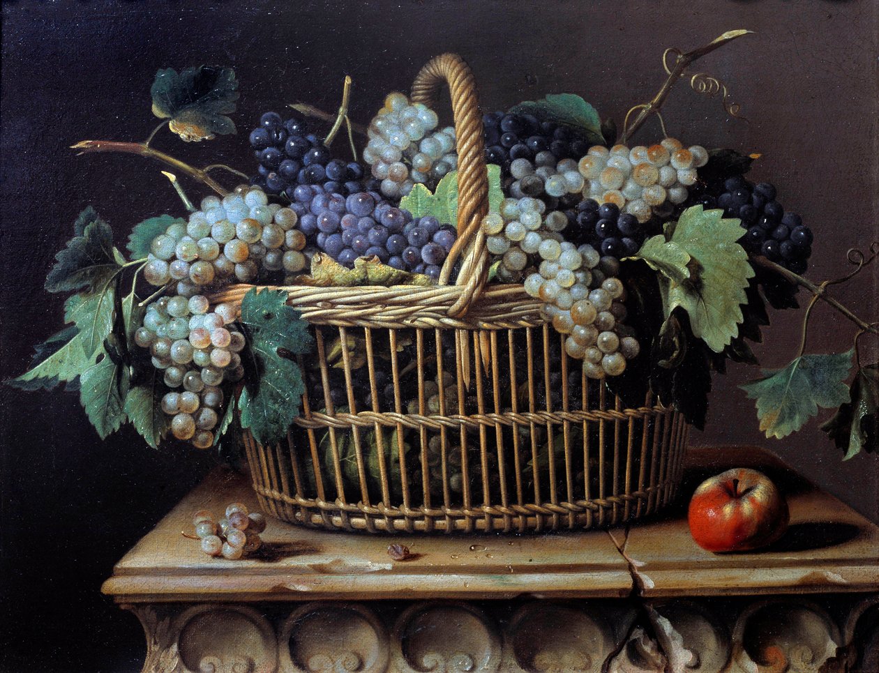 Still life of a bunch of grapes in a basket by Pierre Dupuis