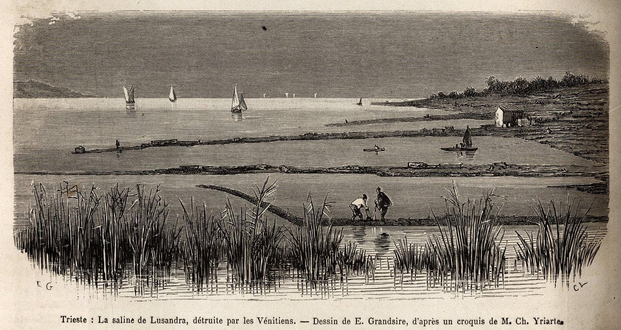 The saline of Lusandra near Trieste, destroyed by the Venetians. Engraving by E. Grandsire illustrating a voyage to Istria and Dalmatia by Charles Yria by Pierre Eugene Grandsire