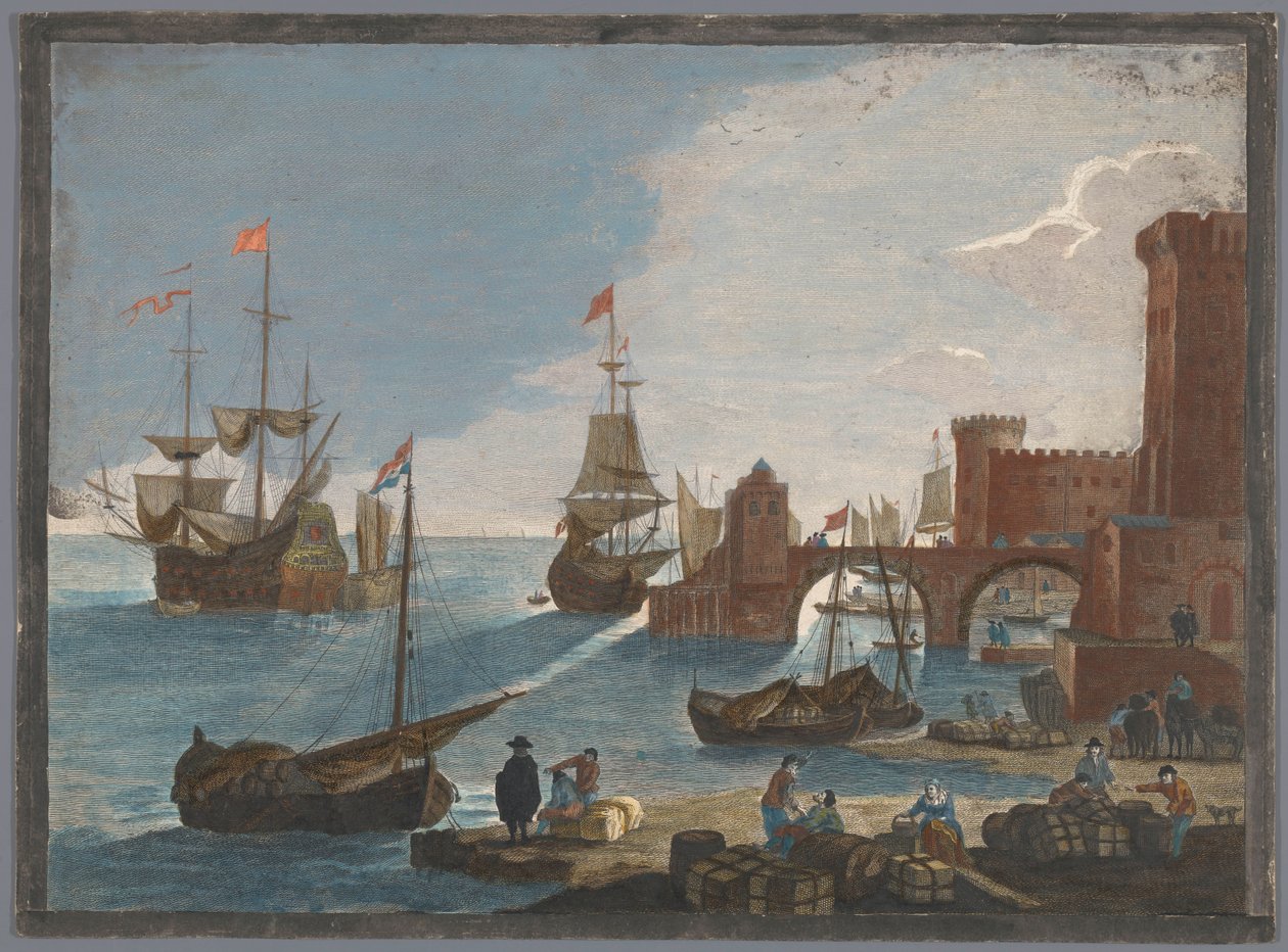 View of a Seaport with Ships and Boats on the Water by Pierre François Basan