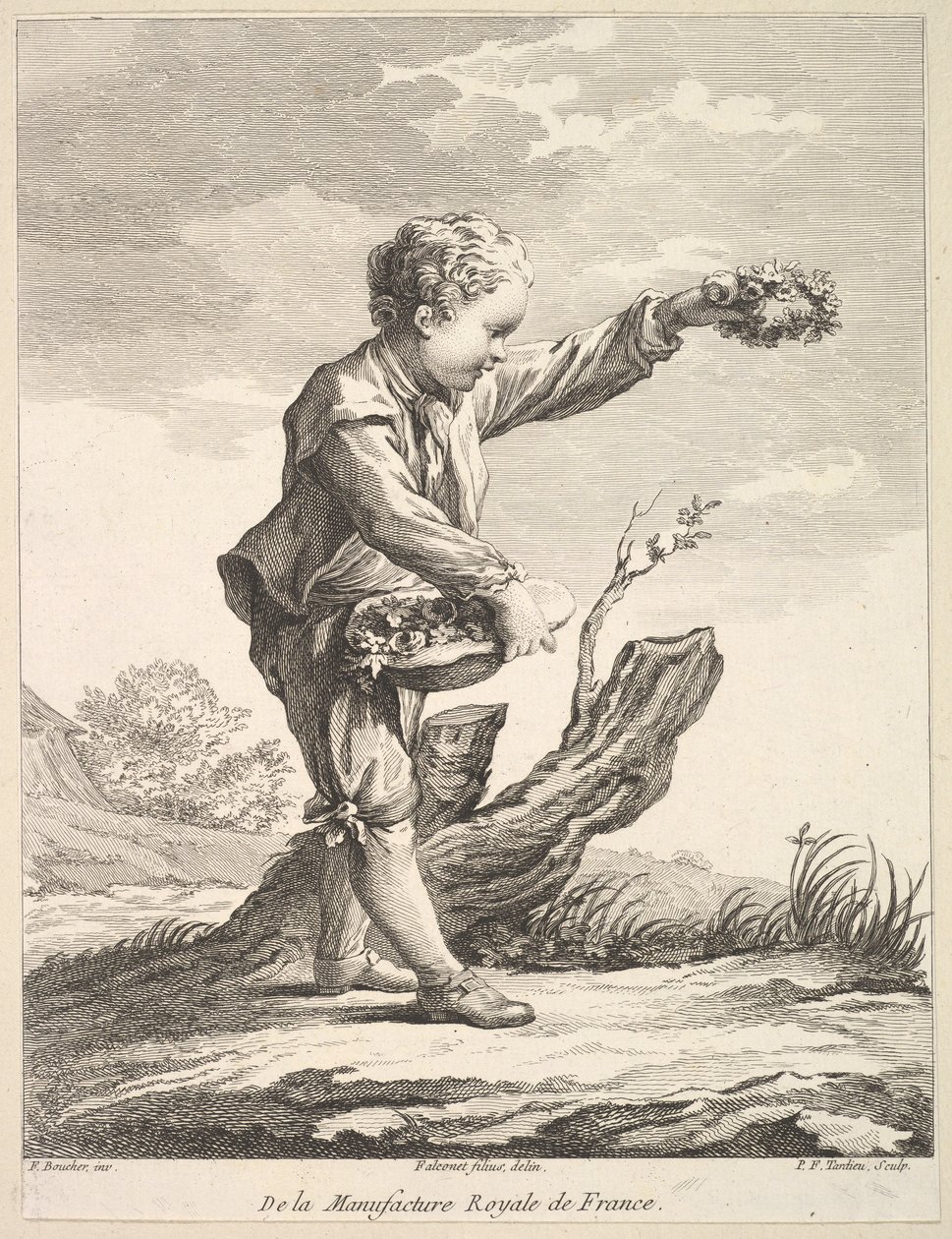 Little Boy Holding a Wreath and Basket of Flowers, from Deuxième Livre de Figures by Pierre François Tardieu