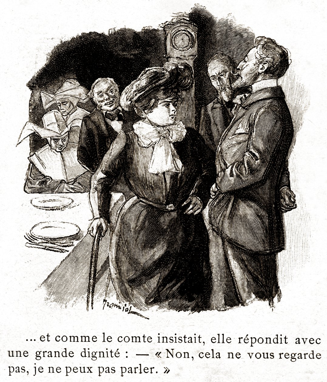 "Boule de Suif": Elisabeth Rousset refuses to answer the count, early 20th century by Pierre Georges Jeanniot