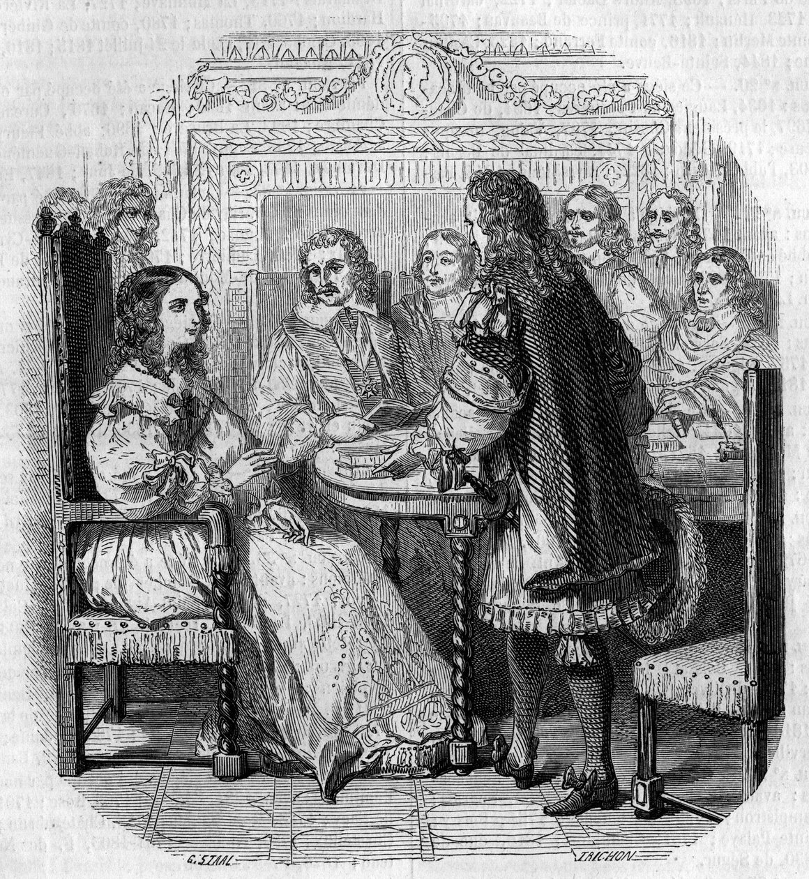 Visit of Queen Christine of Sweden to the Academy Francaise in Paris in the presence of Cardinal Richelieu. Engraving by G. Staal by Pierre Gustave Eugene Staal