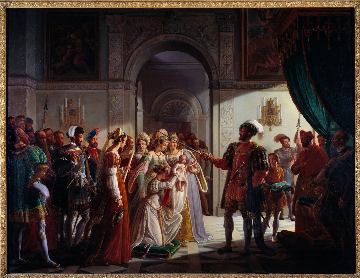 Francois I armed knight with his grandson Francois II. The young prince is accompanied by his parents Henry II and Catherine de Medici by Pierre Henri Revoil