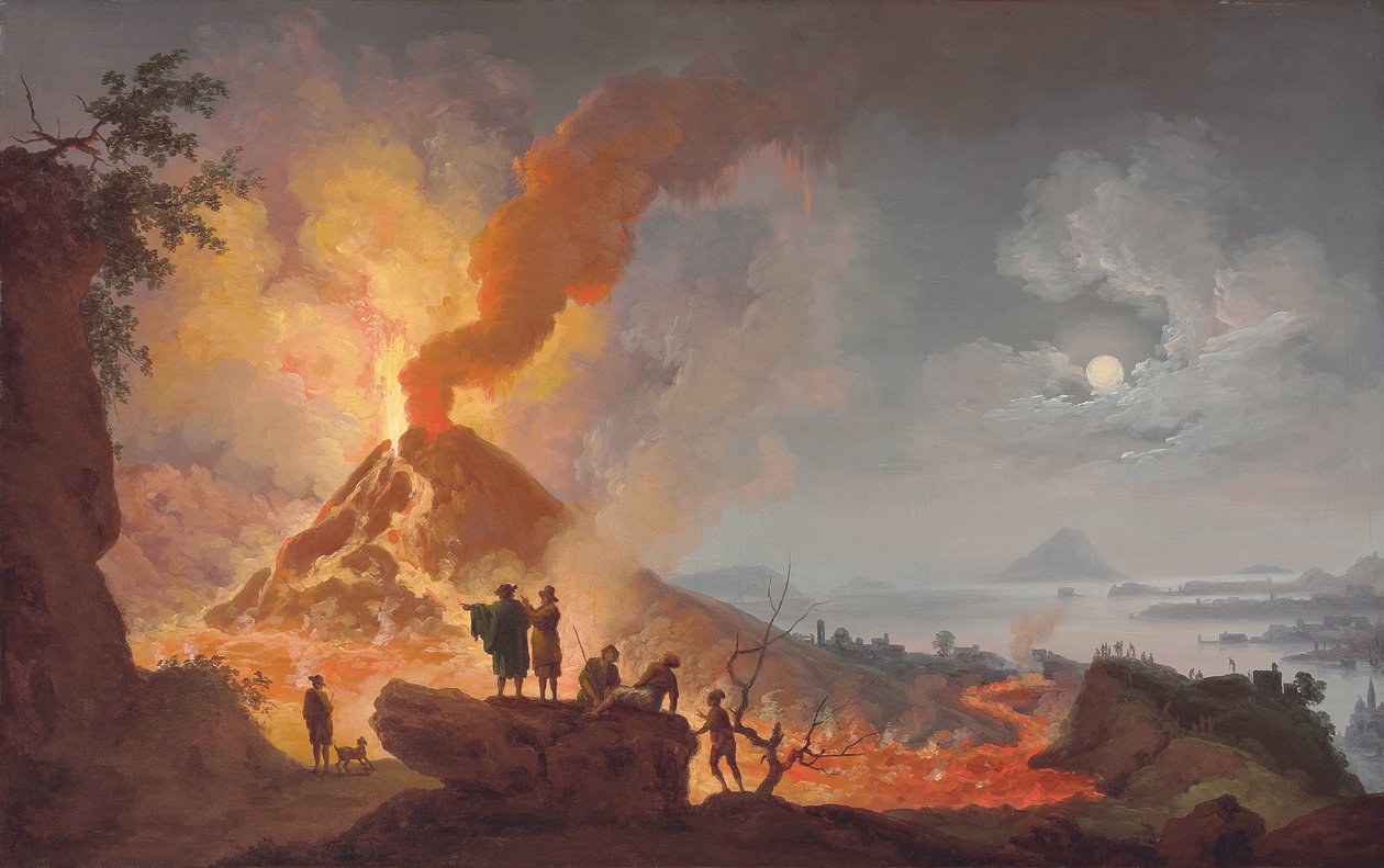 Mount Vesuvius erupting by night, seen from the Atrio del Cavallo with spectators in the foreground, a panoramic view of the city and the Bay of Naples beyond by Pierre Jacques Volaire