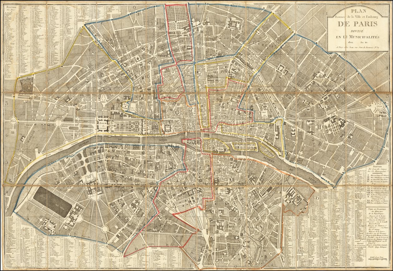 1802 map - Plan Routier de la Ville et Faubourg de Paris Divided into 12 Municipalities by Pierre Jean