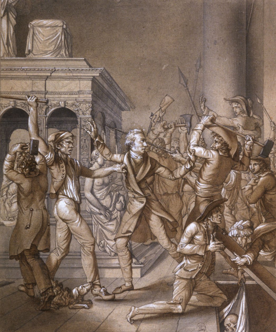Alexandre Lenoir opposed to the revolutionaries when they want to destroy the grave of French King Louis XII at the Saint Denis royal basilica in 1793, at the time of the French Revolution by Pierre Joseph Lafontaine